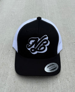 Black and white “NB Cursive” Trucker.