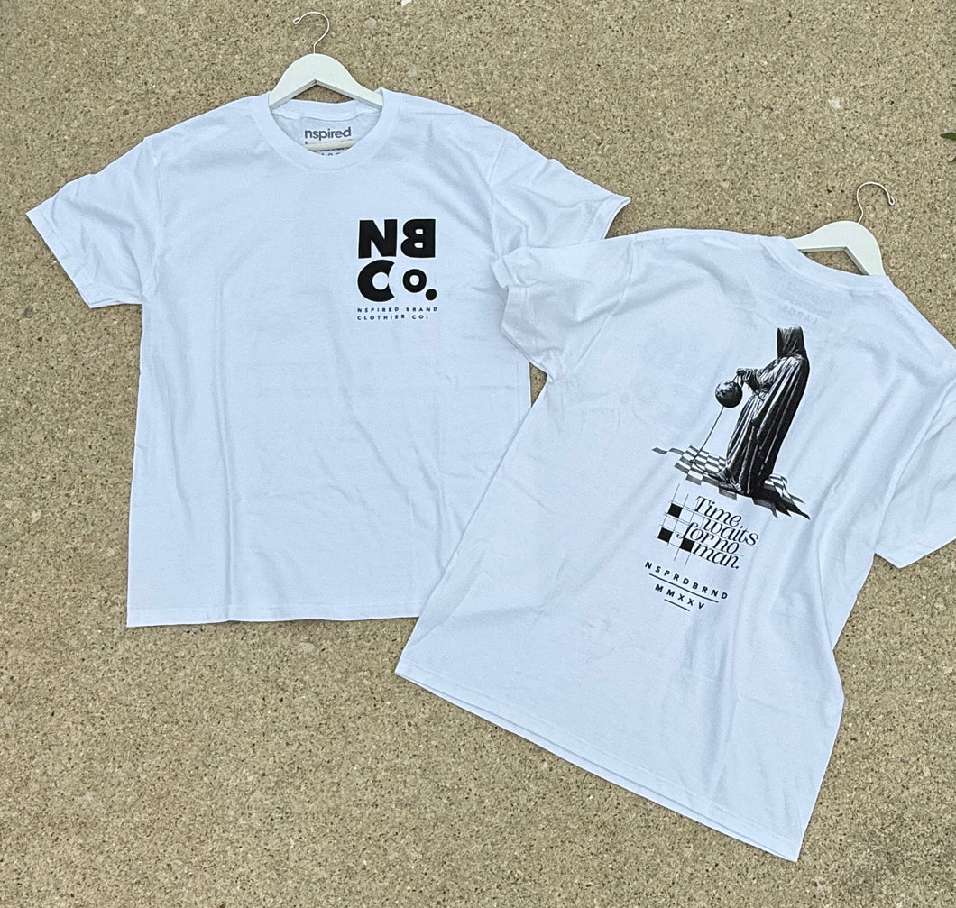 White “Time waits for no man T-shirt”